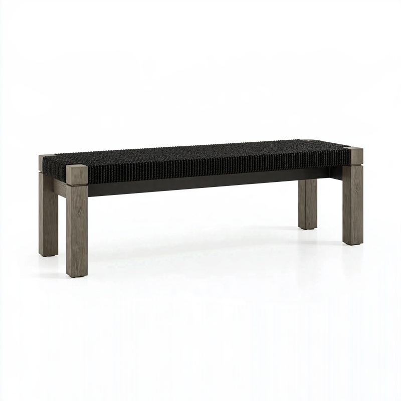 Sitzbank 120 x 40 x 45 cm Holz Schwarz Geflochtene Sitzfläche Modern