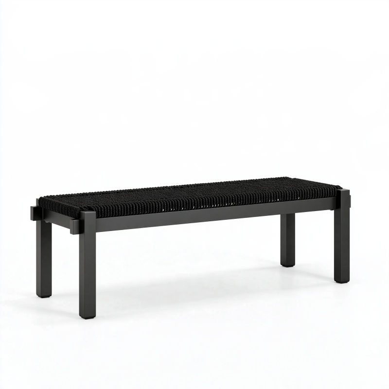 Sitzbank 120 x 40 x 45 cm aus Metall und geflochtener Kunstfaser in Schwarz für Innen- und Außenbereich