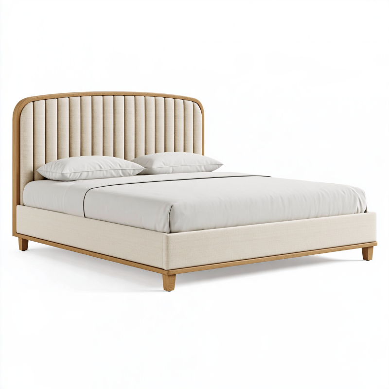 Polsterbett 160 x 200 cm Beige Holz Stoff Gestepptes Doppelbett