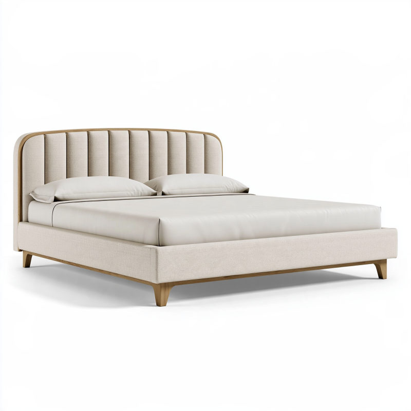 Polsterbett 180 x 200 cm Beige Stoff Holzgestell Modernes Doppelbett mit gepolstertem Kopfteil