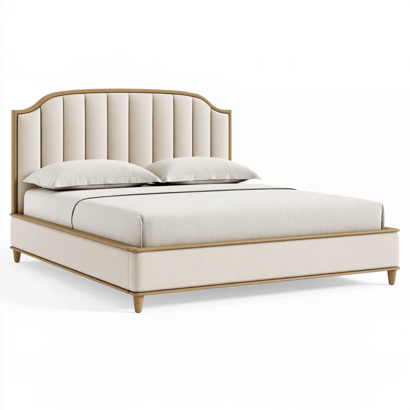 Polsterbett 180 x 200 cm Creme Stoff Holz mit gepolstertem Kopfteil